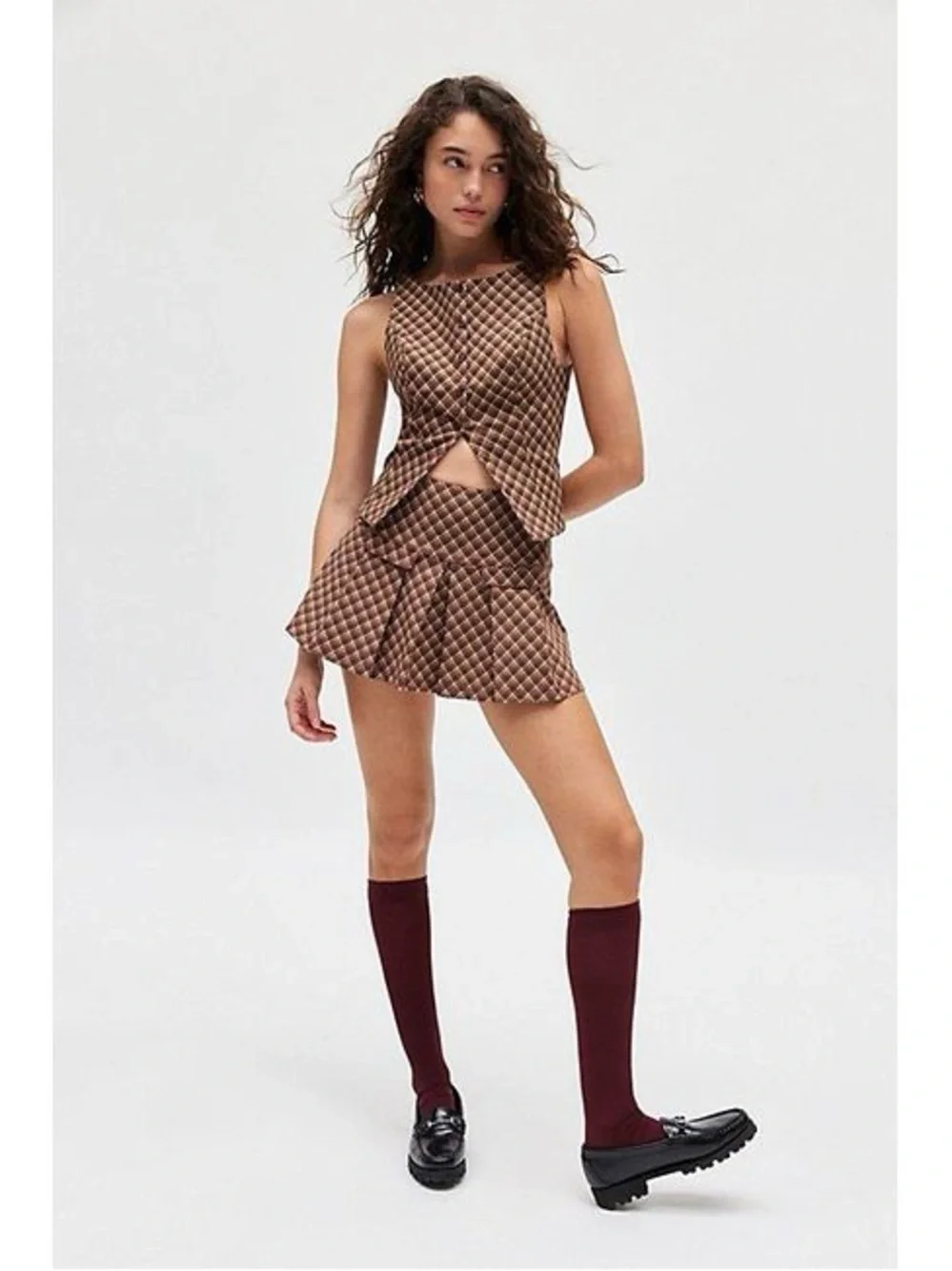 Kimchi Blue - Plaid Top and Skirt Set in Brown - Picture 2 of 7